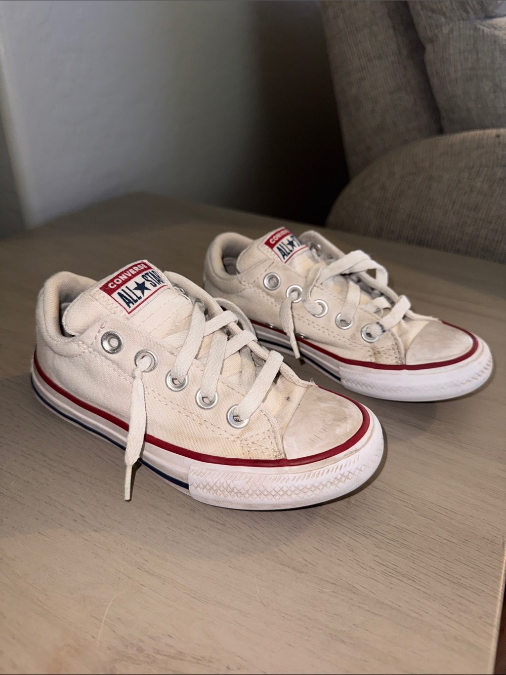 Converse Kids White Low Top Sneakers with Red & Blue Trim